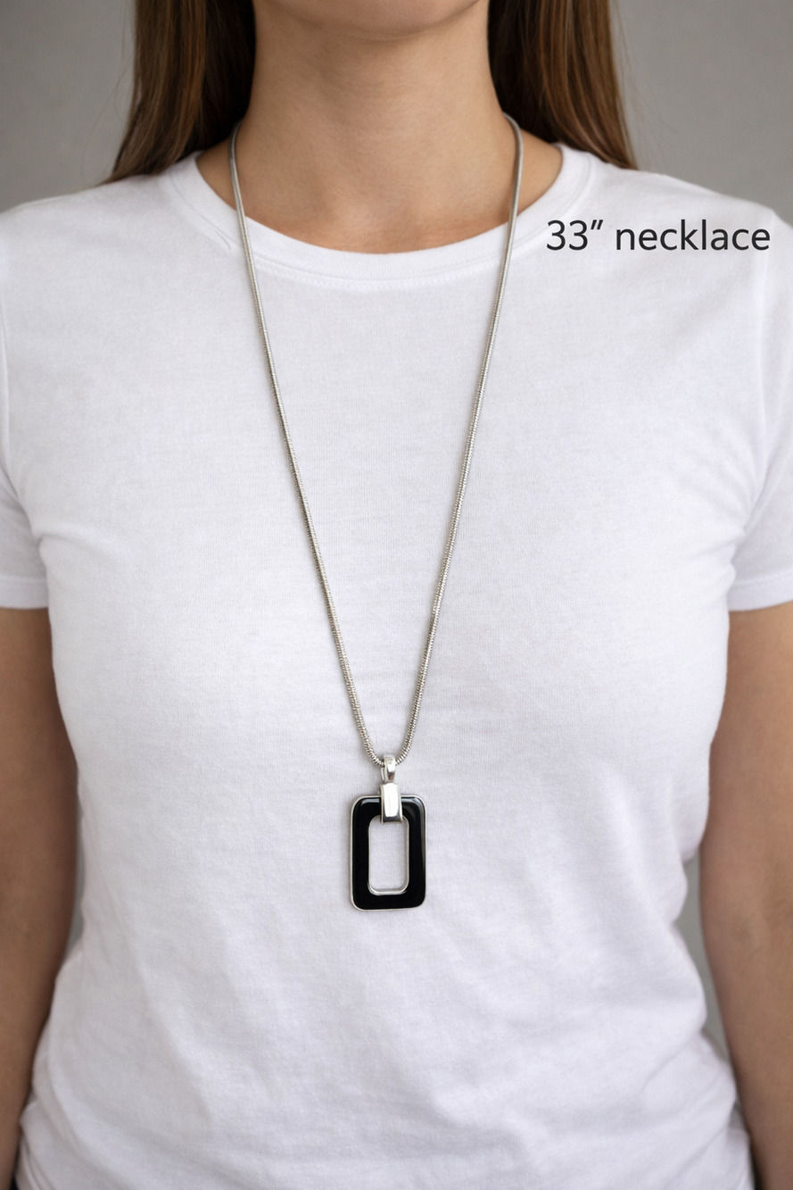 Chico’s 33" Statement Necklace Silver Tone w/Silver & Black Pendant Modern